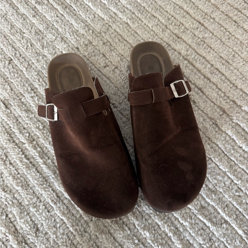 Brown Suede Clogs with Buckle
